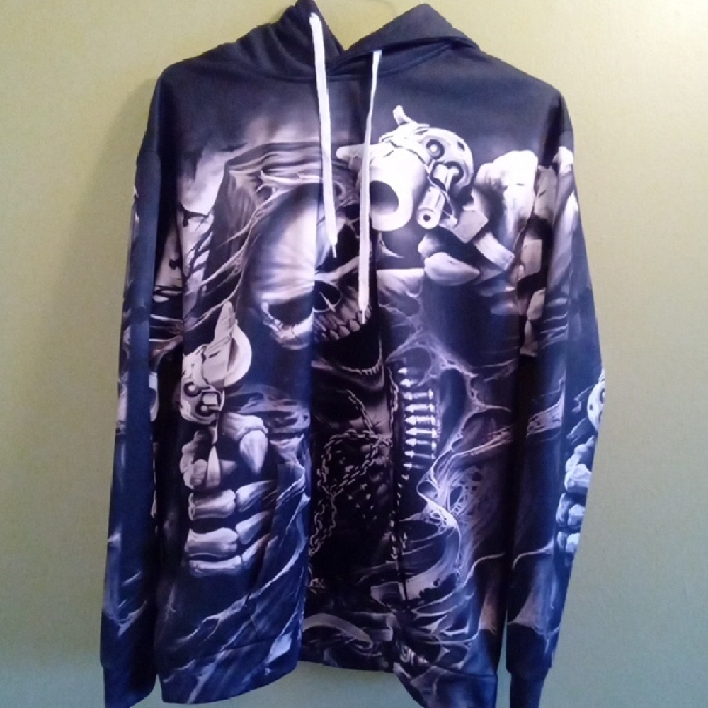 Mens XXL Black Skeleton All Over Graphic Sweatshirt Hooded Pocketed Halloween